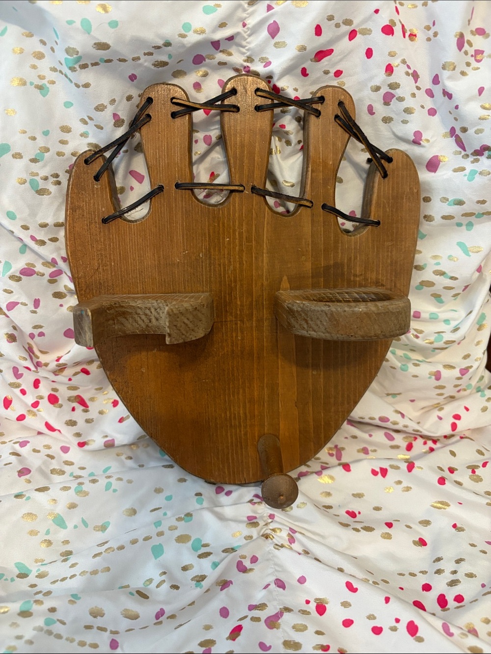 Rustic Wooden Wall Shelf for baseball, bat and glove